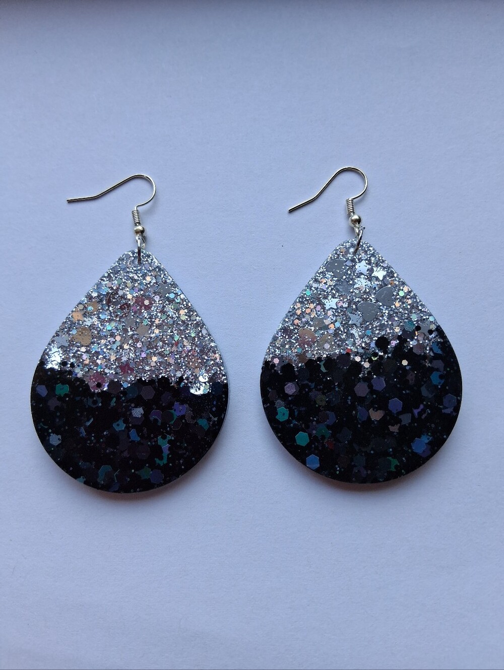 Hand Crafted Silver and Black Teardrop Dangle Earrings